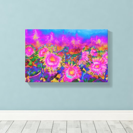 Zonnebloemvelden - roze canvas afdruk (Insitu (Houten vloer))