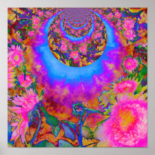 Zonnebloemvelden voor altijd, retroroze zonnebloem poster