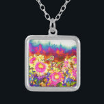 Zonnebloemvelden Zilver Vergulden Ketting<br><div class="desc">Blauwe,  paarse,  blauwgroen,  roze en gele waterverf zonnebloempitten</div>