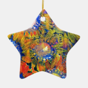 Zonnebloemverf, gemengde media-collage keramisch ornament