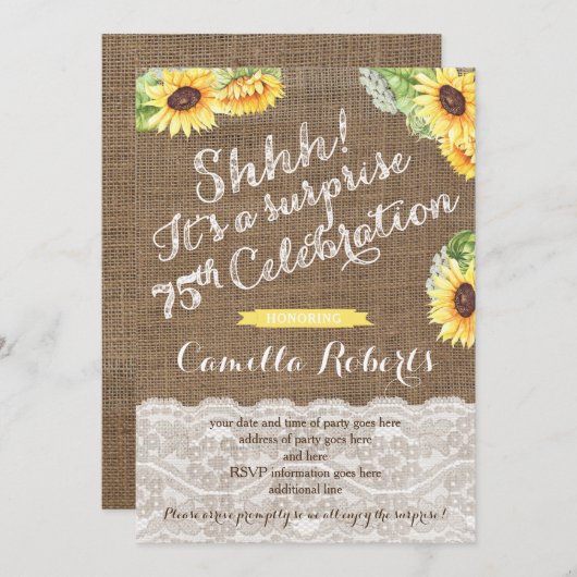 Zonnebloemverrassing 75e verjaardag nodigt dame ui kaart (Voorkant / Achterkant)