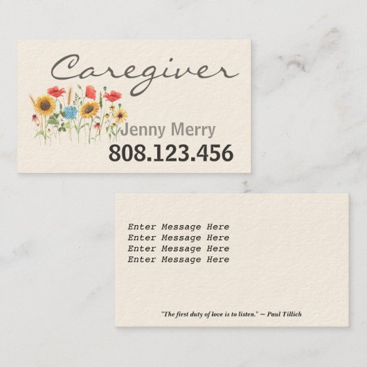 Zonnebloemverzorging: Zorgverlener Visitekaartjes  (Voorkant / Achterkant)