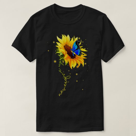 Zonnebloemvlinder geeft nooit syndroom op t-shirt (Design voorkant)