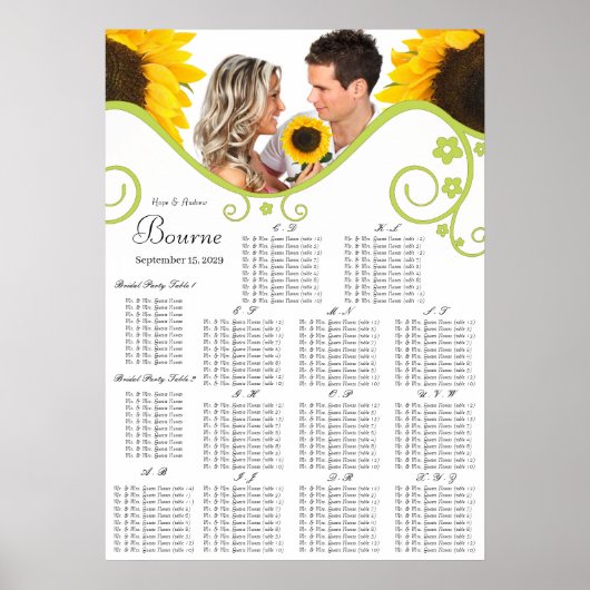 Zonnebloemzetschema Tabelnummer alfabetisch Poster (Voorkant)