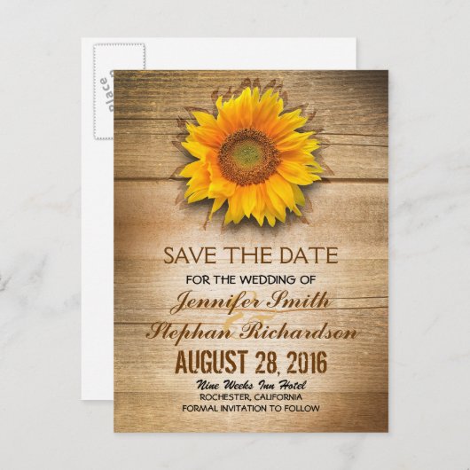 Zonnebloesem & schuurhout sparen de datum aankondigingskaart (Voorkant / Achterkant)