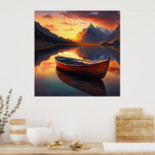 Zonneboat op het meer met bergachtergrond poster (Keuken)