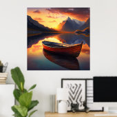 Zonneboat op het meer met bergachtergrond poster (Thuiskantoor)