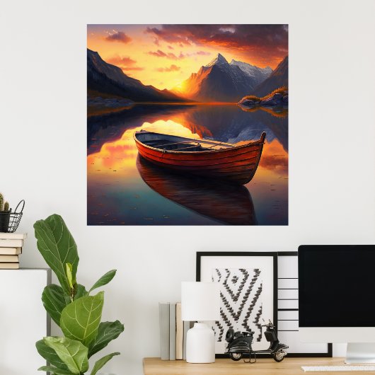 Zonneboat op het meer met bergachtergrond poster (Thuiskantoor)