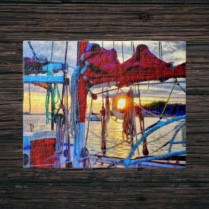 Zonneboten en zeilboten in de haven van Puzzle Legpuzzel