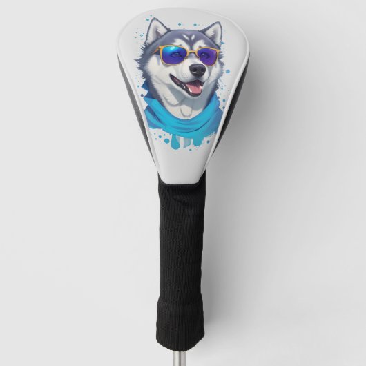 Zonnebril-dragende Husky Hond in Speelse Splash Golfheadcover (Voorkant)