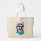 Zonnebril-dragende Husky Hond in Speelse Splash Grote Tote Bag (Achterkant)