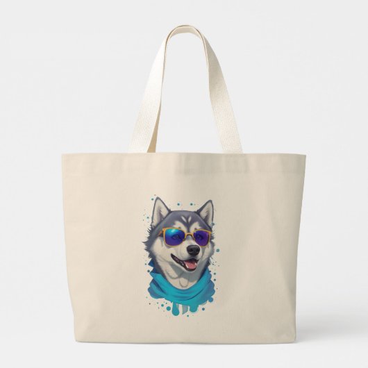 Zonnebril-dragende Husky Hond in Speelse Splash Grote Tote Bag (Achterkant)
