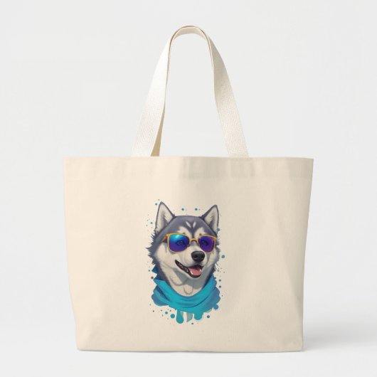 Zonnebril-dragende Husky Hond in Speelse Splash Grote Tote Bag (Voorkant)
