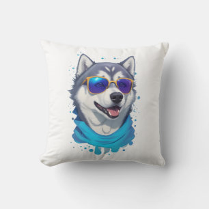 Zonnebril-dragende Husky Hond in Speelse Splash Kussen
