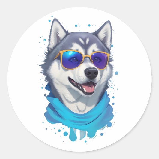 Zonnebril-dragende Husky Hond in Speelse Splash Ronde Sticker (Voorkant)