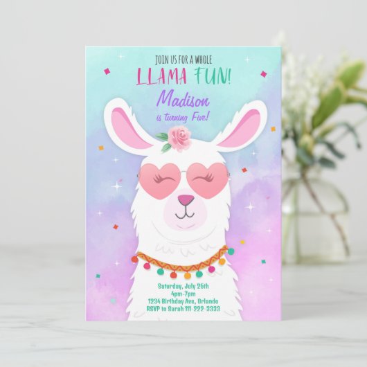 Zonnebril Llama Kids Verjaardagsuitnodiging Kaart (Staand voorkant)