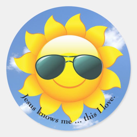 Zonnebrillen op gele zon in de lucht, met citaat ronde sticker (Voorkant)