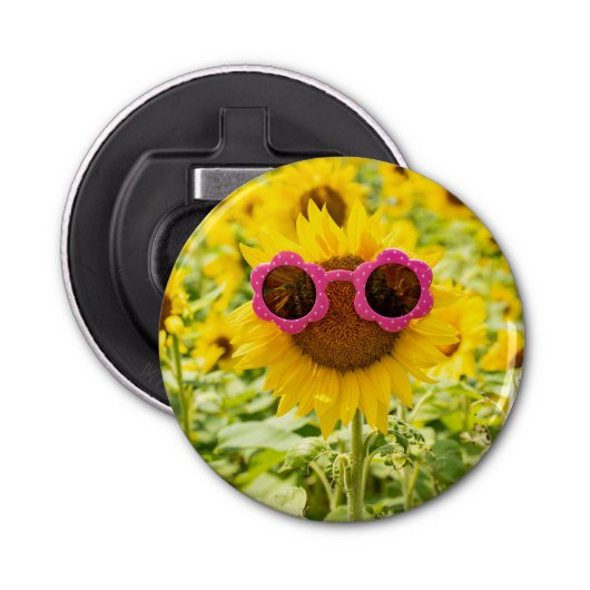 Zonnebrillen op zonnebloemen button flesopener (Voorkant)