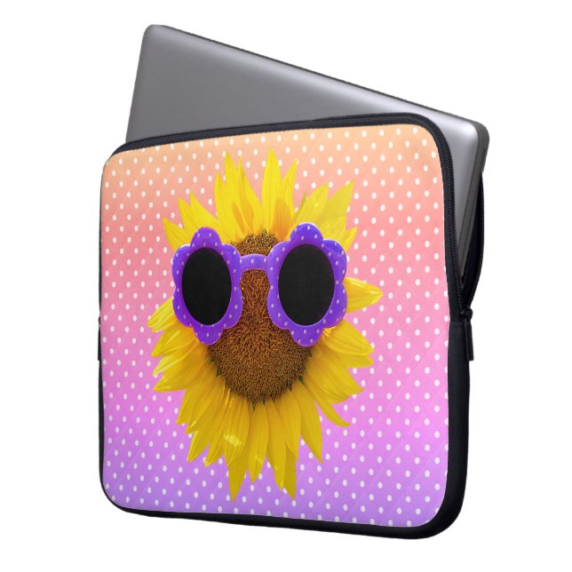 Zonnebrillen op zonnebloemen laptop sleeve (Voorkant Links)