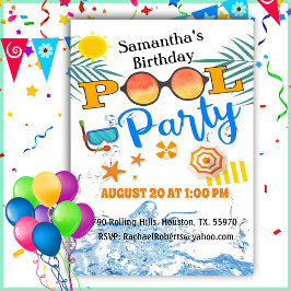Zonnebrillen Tropische Pool Party Birthday Invitat Kaart