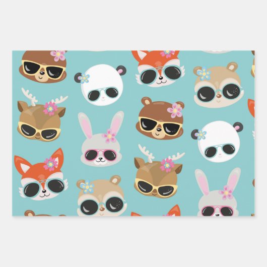 Zonnebrillen van Cute Kawaii Animals in Blue Inpakpapier Vel (Voorkant 2)