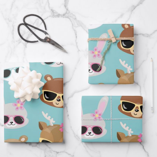 Zonnebrillen van Cute Kawaii Animals in Blue Inpakpapier Vel (Voorkant)