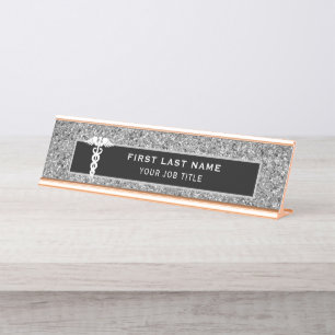 Zonnees Medical Caduceus Black Silver Glitter  Bureau Naambordje