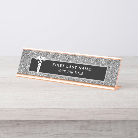 Zonnees Medical Caduceus Black Silver Glitter Bureau Naambordje (Voorkant)