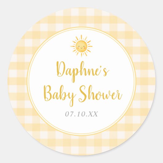 Zonnegeel Gingham Baby Shower Sticker (Voorkant)