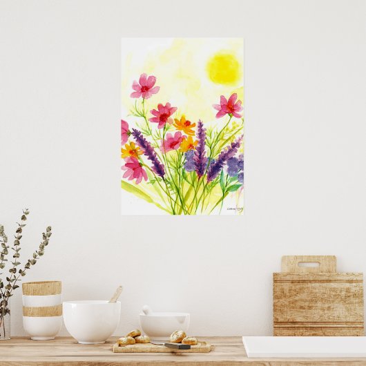 Zonnegeel Waterverf van wilde bloemen Poster (Keuken)