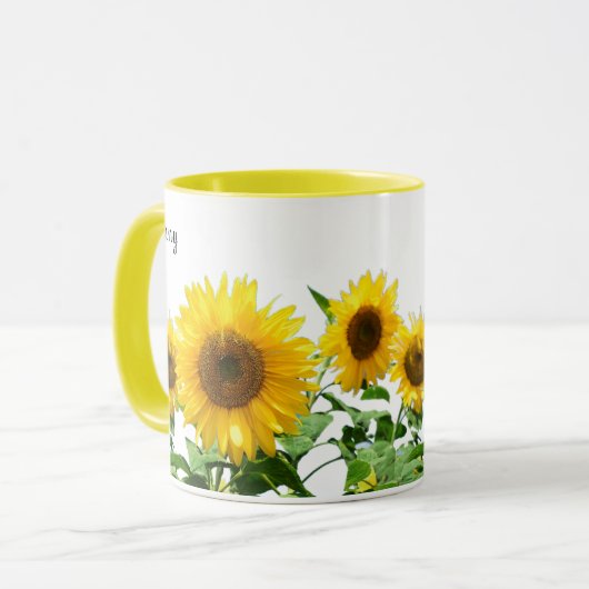 Zonnegeel zonnebloemen en kalligrafie mok (Voorkant links)