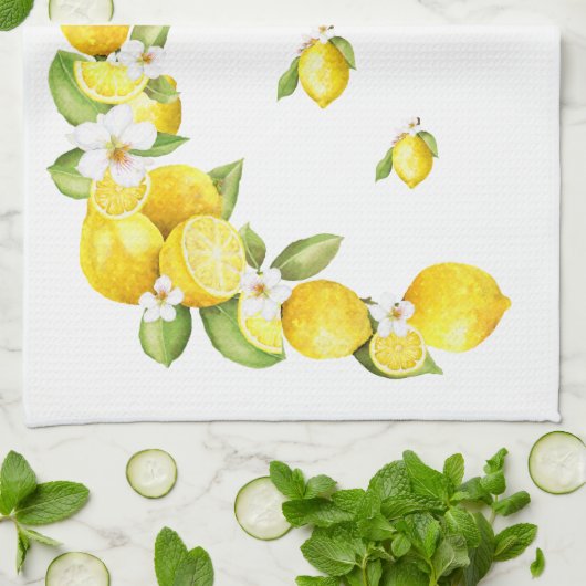 Zonnegele Lemons met witte bloesems Theedoek (Gevouwen)