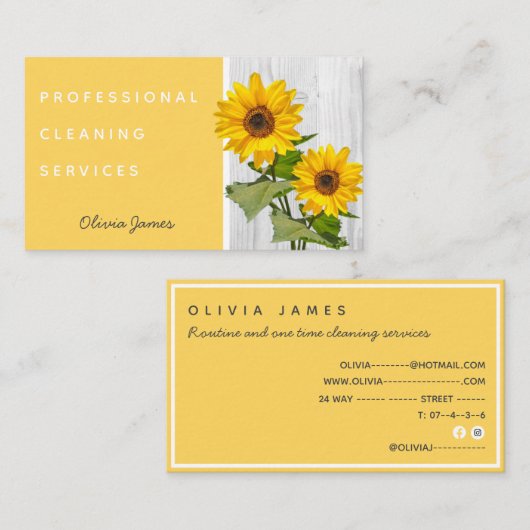 Zonnegele zonnebloemreiniging visitekaartje (Voorkant / Achterkant)