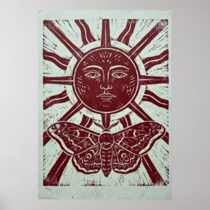Zonnegezicht en Linoleumsnede Volkskunst van Leman Poster