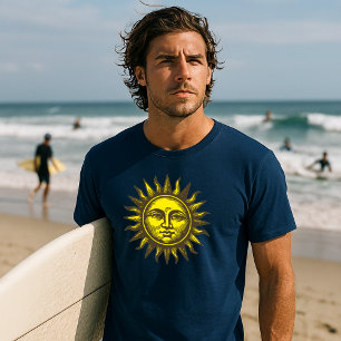 Zonnegezicht Hemelse Kunst Retro Houtsnijstijl T-shirt