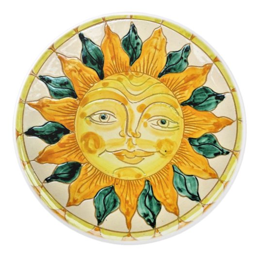 Zonnegezicht met bladeren en stralen Happy Sunshin Keramische Knop (Voorkant)