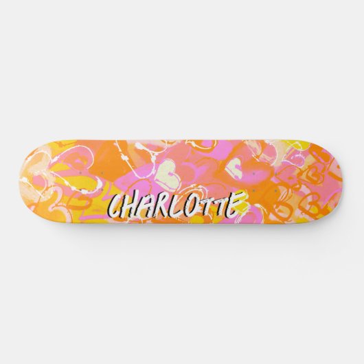 Zonnegloed: Oranje, roze & gele graffiti harten Persoonlijk Skateboard (Horizontaal)