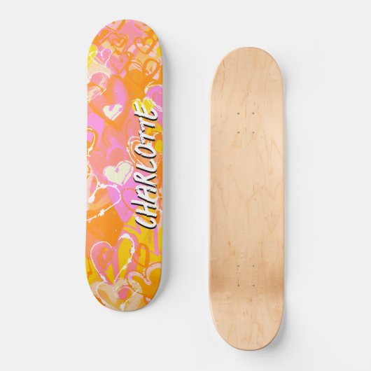 Zonnegloed: Oranje, roze & gele graffiti harten Persoonlijk Skateboard (Voorkant)