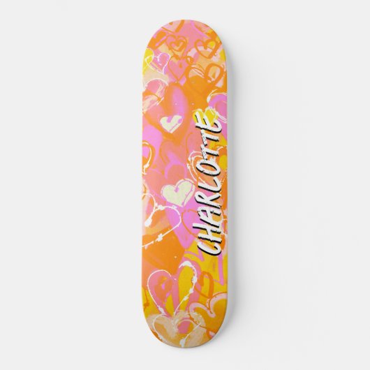 Zonnegloed: Oranje, roze & gele graffiti harten Persoonlijk Skateboard (Voorkant)