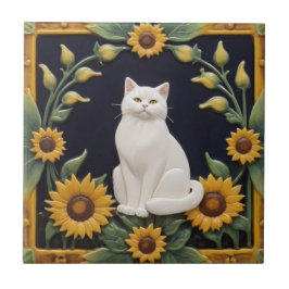 Zonnekatten - Witte Kat & Gele Zonnebloemen Tegeltje
