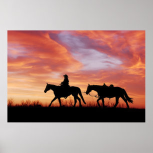 Zonnekowboy en paardensilhouet poster
