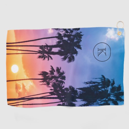 Zonnemonogram tropische regenboogkleurpalm golfhanddoek (Horizontaal)