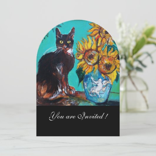 ZONNEN EN ZWARTE KAT IN BLAUW BLAUWGROEN-zomerpart Kaart (Staand voorkant)