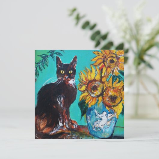 ZONNEN EN ZWARTE KAT IN BLAUW BLAUWGROEN-zomerpart Kaart (Staand voorkant)