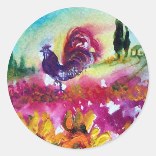 ZONNEN EN ZWARTE ROOSTER RONDE STICKER (Voorkant)