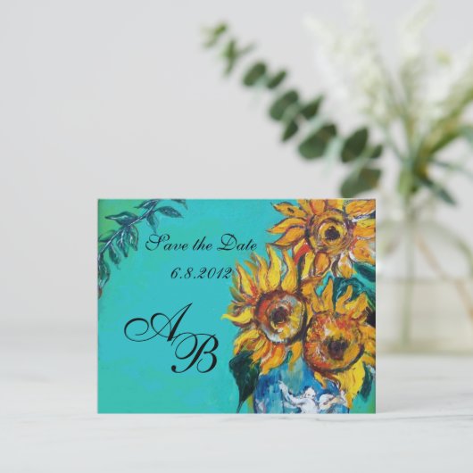 ZONNEN IN BLAUWE TURQUOÏE SUMMER-MONOGRAM KAART (Staand voorkant)