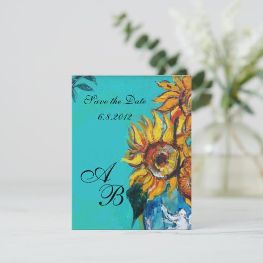 ZONNEN IN BLAUWE TURQUOÏE SUMMER-MONOGRAM KAART (Staand voorkant)