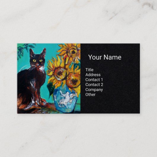ZONNEN MET CAT IN BLUE Monogram zwart papier Visitekaartje (Voorkant)