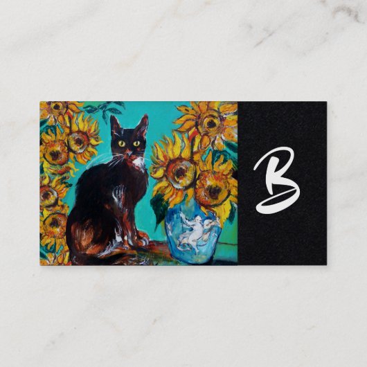 ZONNEN MET CAT IN BLUE Monogram zwart papier Visitekaartje (Achterkant)