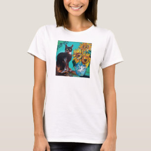 ZONNEN MET KAT IN BLAUWE TURQUOÏE T-SHIRT